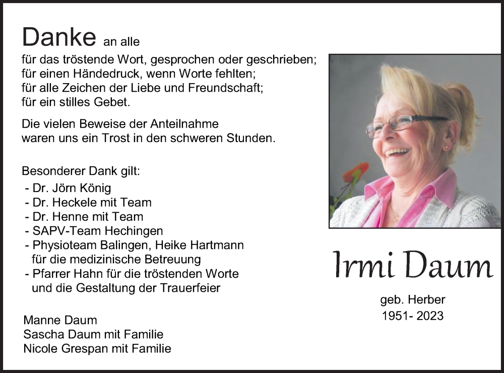  Traueranzeige für Irmi Daum vom 27.05.2023 aus Metzinger-Uracher Volksblatt
