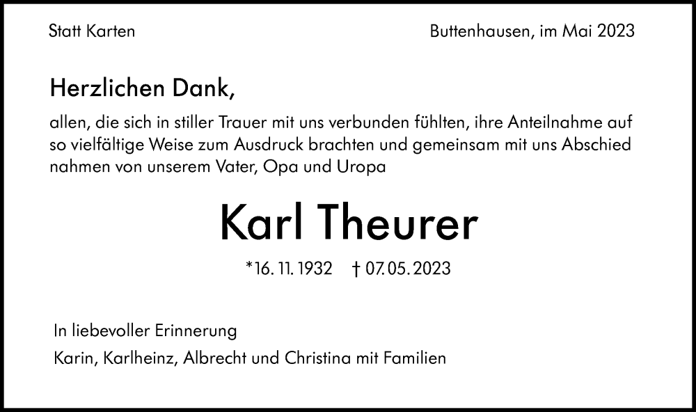  Traueranzeige für Karl Theurer vom 27.05.2023 aus Alb-Bote/Metzinger-Uracher Volksblatt