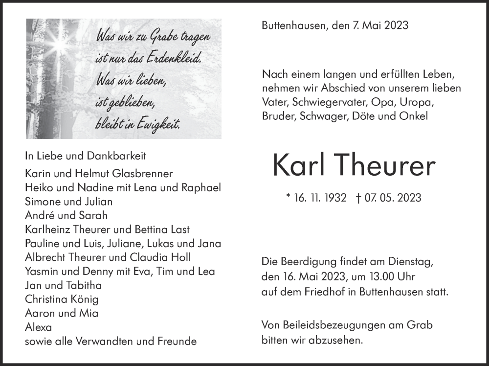  Traueranzeige für Karl Theurer vom 13.05.2023 aus Alb-Bote/Metzinger-Uracher Volksblatt