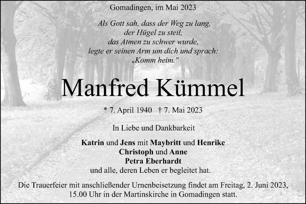  Traueranzeige für Manfred Kümmel vom 20.05.2023 aus Alb-Bote/Metzinger-Uracher Volksblatt
