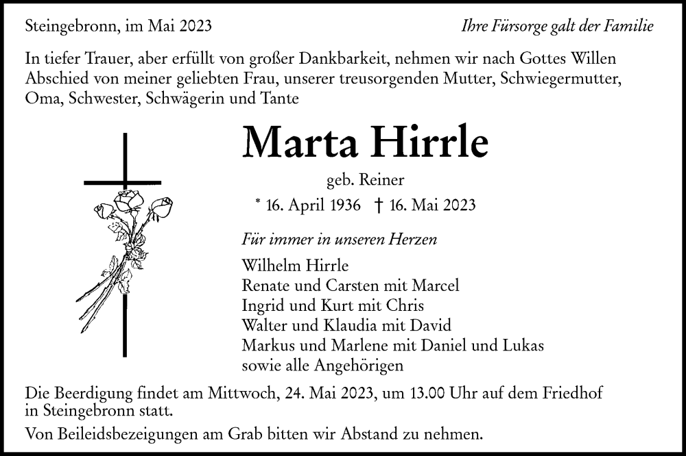 Traueranzeige für Marta Hirrle vom 20.05.2023 aus Alb-Bote/Metzinger-Uracher Volksblatt