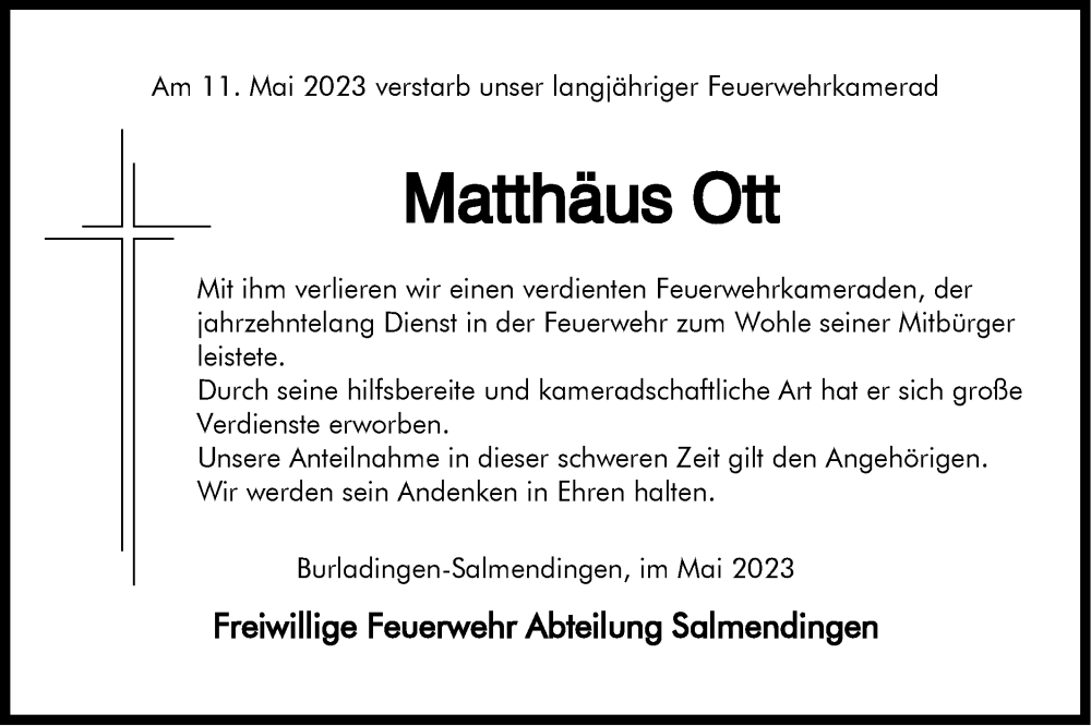  Traueranzeige für Matthäus Ott vom 17.05.2023 aus Metzinger-Uracher Volksblatt