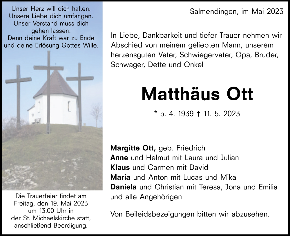  Traueranzeige für Matthäus Ott vom 16.05.2023 aus SÜDWEST PRESSE