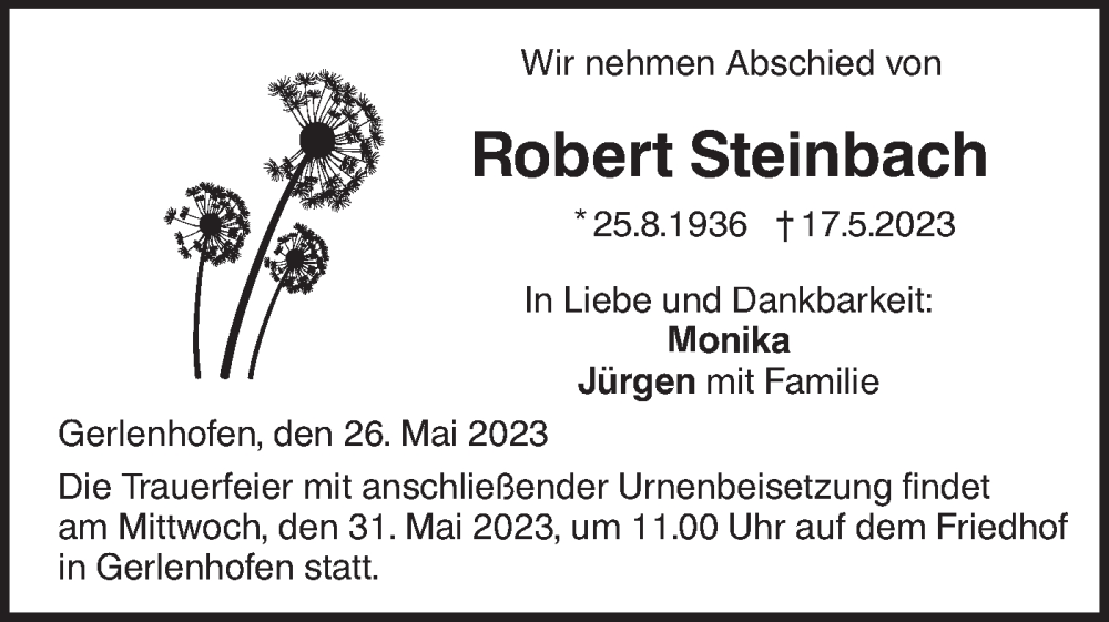  Traueranzeige für Robert Steinbach vom 26.05.2023 aus SÜDWEST PRESSE