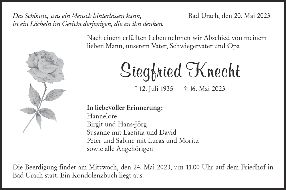  Traueranzeige für Siegfried Knecht vom 20.05.2023 aus Metzinger-Uracher Volksblatt