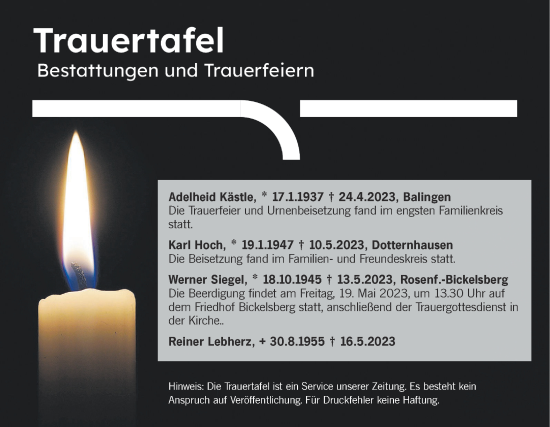 Traueranzeige von Totentafel vom 17.05.2023 von Metzinger-Uracher Volksblatt