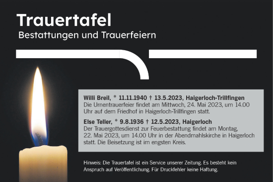 Traueranzeige von Totentafel vom 20.05.2023 von Metzinger-Uracher Volksblatt