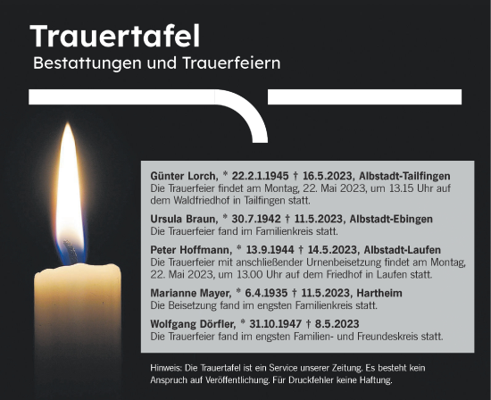 Traueranzeige von Totentafel vom 20.05.2023 von Metzinger-Uracher Volksblatt