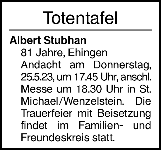 Traueranzeige von Totentafel vom 20.05.2023 von Ehinger Tagblatt