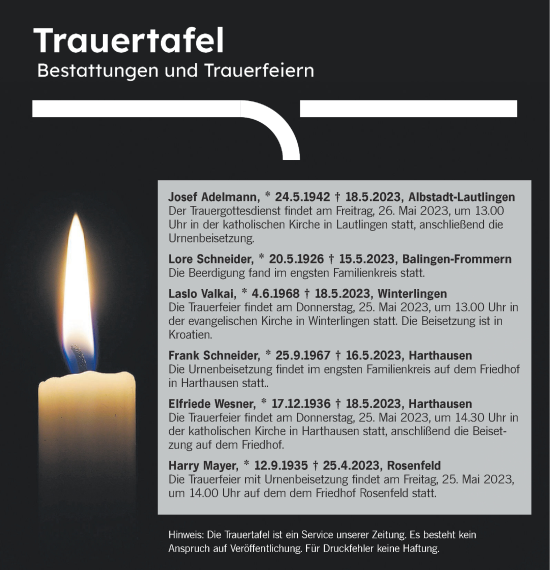 Traueranzeige von Totentafel vom 24.05.2023 von SÜDWEST PRESSE