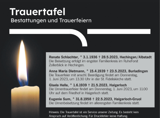 Traueranzeige von Totentafel vom 31.05.2023 von Metzinger-Uracher Volksblatt