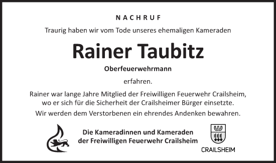 Traueranzeige von Rainer Taubitz von Hohenloher Tagblatt