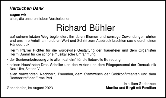 Traueranzeige von Richard Bühler von SÜDWEST PRESSE Ausgabe Ulm/Neu-Ulm