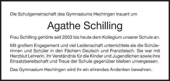 Traueranzeige von Agathe Schilling von Hohenzollerische Zeitung