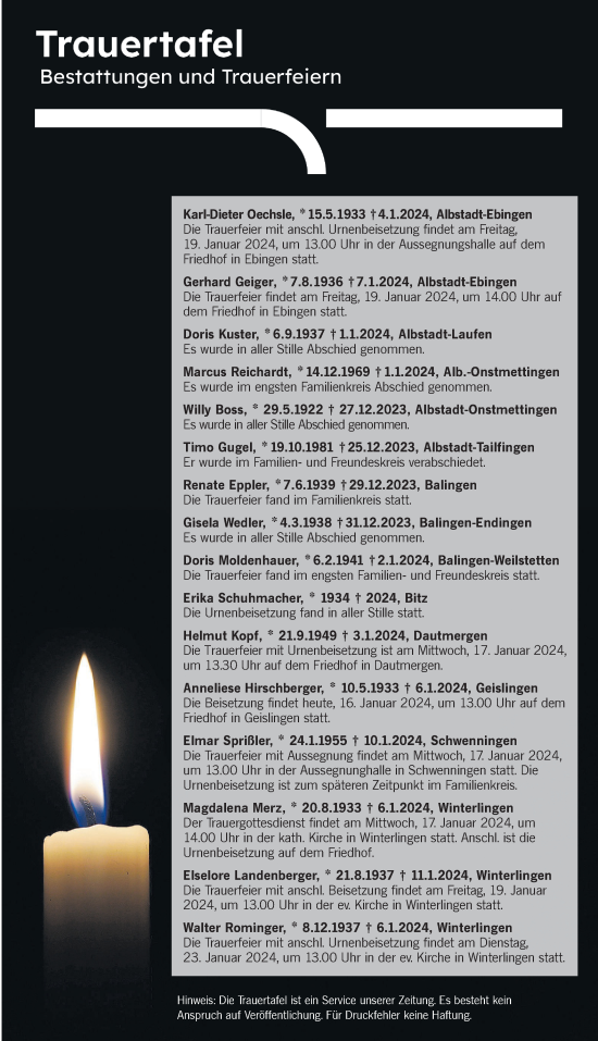 Traueranzeige von Totentafel vom 16.01.2024 von Hohenzollerische Zeitung