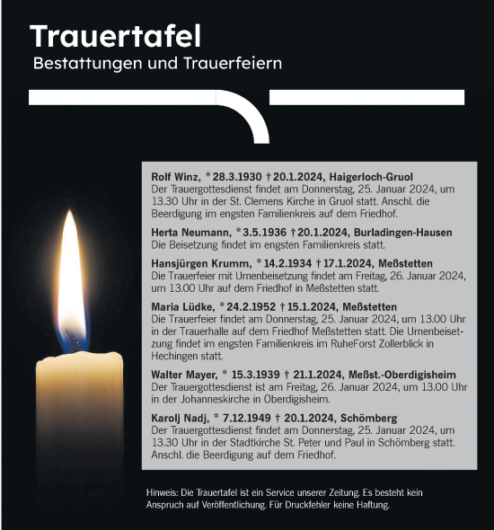 Traueranzeige von Totentafel vom 24.01.2024 von Hohenzollerische Zeitung