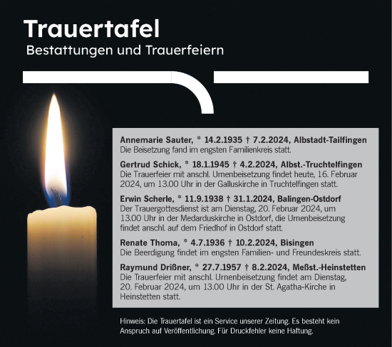 Traueranzeige von Totentafel vom 16.02.2024 von Hohenzollerische Zeitung