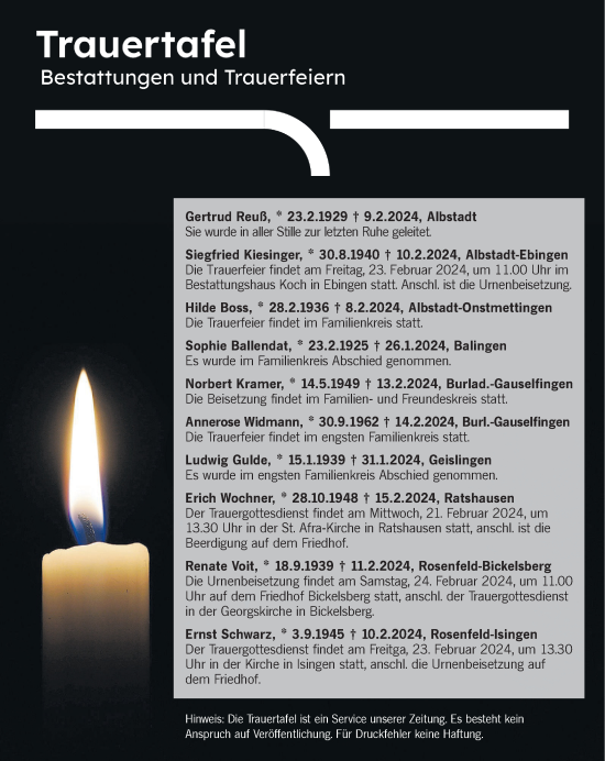 Traueranzeige von Totentafel vom 20.02.2024 von Hohenzollerische Zeitung