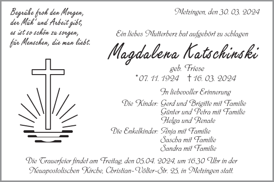 Traueranzeige von Magdalena Katschinski von Alb-Bote/Metzinger-Uracher Volksblatt