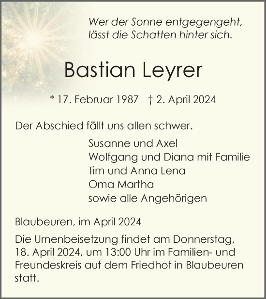 Traueranzeige von Bastian Leyrer von SÜDWEST PRESSE Ausgabe Ulm/Neu-Ulm
