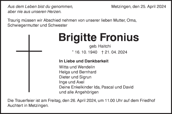 Traueranzeige von Brigitte Fronius von Alb-Bote/Metzinger-Uracher Volksblatt