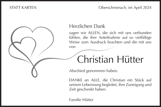 Traueranzeige von Christian Hütter von Haller Tagblatt/Hohenloher Tagblatt