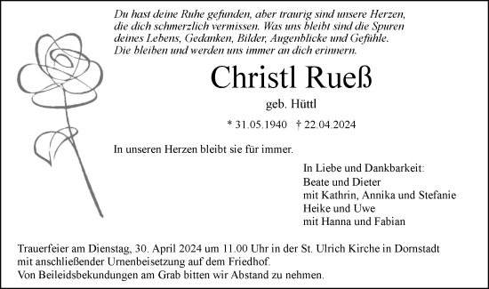 Traueranzeige von Christl Rueß von SÜDWEST PRESSE Ausgabe Ulm/Neu-Ulm