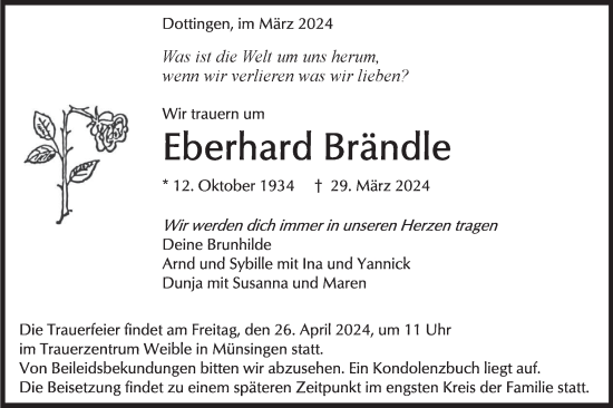 Traueranzeige von Eberhard Brändle von Alb-Bote/Metzinger-Uracher Volksblatt