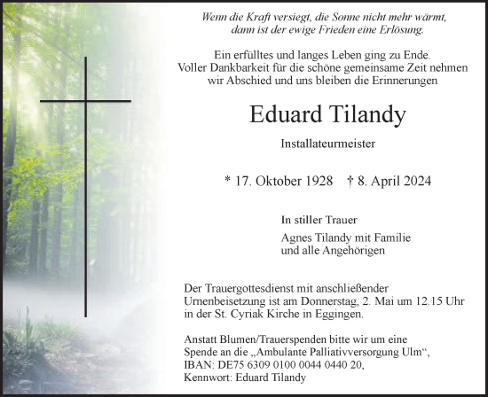 Traueranzeige von Eduard Tilandy von SÜDWEST PRESSE Ausgabe Ulm/Neu-Ulm