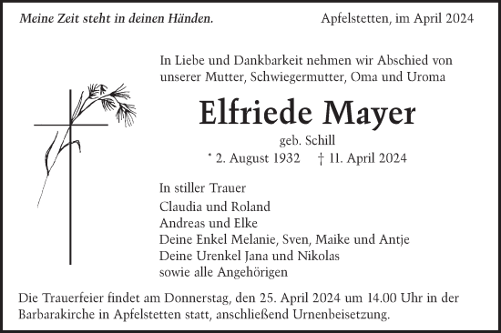 Traueranzeige von Elfriede Mayer von Alb-Bote/Metzinger-Uracher Volksblatt