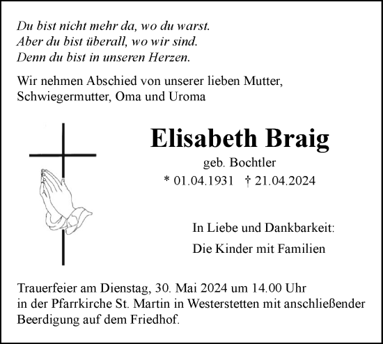 Traueranzeige von Elisabeth Braig von SÜDWEST PRESSE Ausgabe Ulm/Neu-Ulm