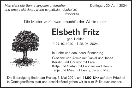 Traueranzeige von Elsbeth Fritz von Alb-Bote/Metzinger-Uracher Volksblatt