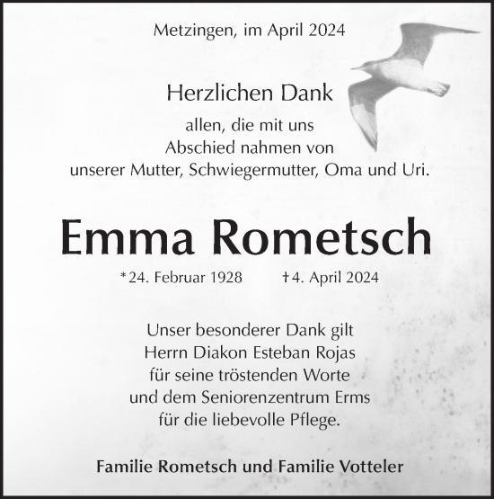 Traueranzeige von Emma Rometsch von Alb-Bote/Metzinger-Uracher Volksblatt