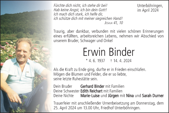 Traueranzeige von Erwin Binder von Geislinger Zeitung