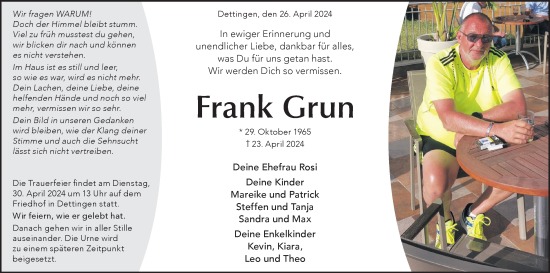 Traueranzeige von Frank Grun von Alb-Bote/Metzinger-Uracher Volksblatt