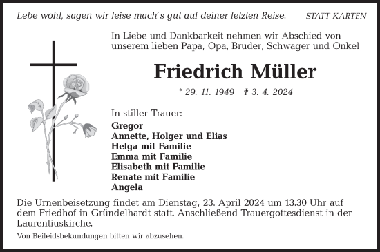 Traueranzeige von Friedrich Müller von Hohenloher Tagblatt