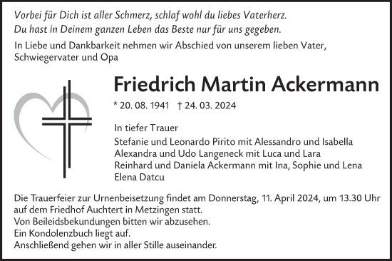 Traueranzeige von Friedrich Martin Ackermann von Alb-Bote/Metzinger-Uracher Volksblatt