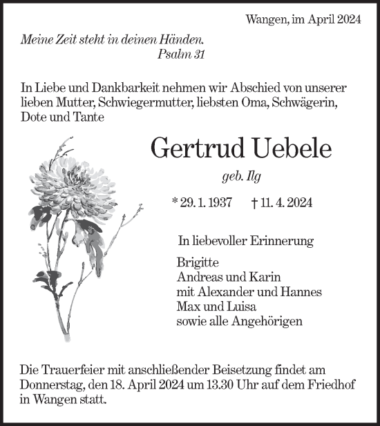 Traueranzeige von Gertrud Uebele von NWZ Neue Württembergische Zeitung