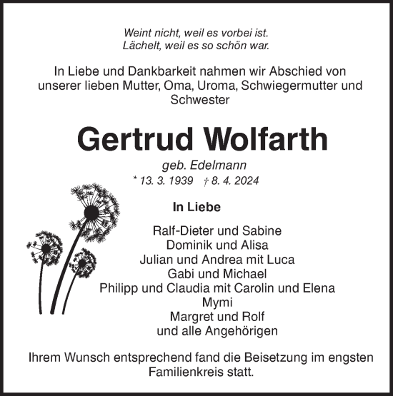 Traueranzeige von Gertrud Wolfarth von NWZ Neue Württembergische Zeitung