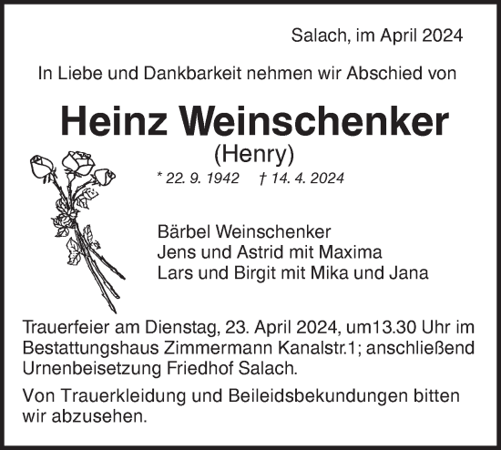 Traueranzeige von Heinz Weinschenker von NWZ Neue Württembergische Zeitung