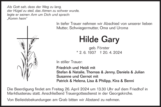 Traueranzeige von Hilde Gary von Hohenloher Tagblatt
