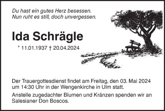 Traueranzeige von Ida Schrägle von SÜDWEST PRESSE Ausgabe Ulm/Neu-Ulm