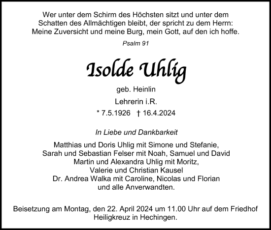 Traueranzeige von Isolde Uhlig von SÜDWEST PRESSE Zollernalbkreis/Hohenzollerische Zeitung