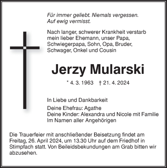 Traueranzeige von Jerzy Mularski von Hohenloher Tagblatt