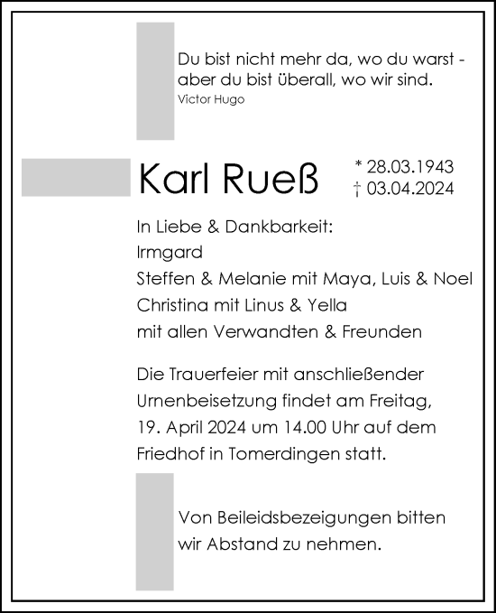Traueranzeige von Karl Rueß von SÜDWEST PRESSE Ausgabe Ulm/Neu-Ulm