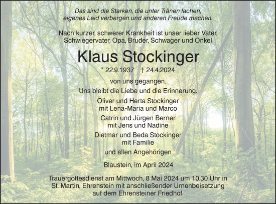 Traueranzeige von Klaus Stockinger von SÜDWEST PRESSE Ausgabe Ulm/Neu-Ulm