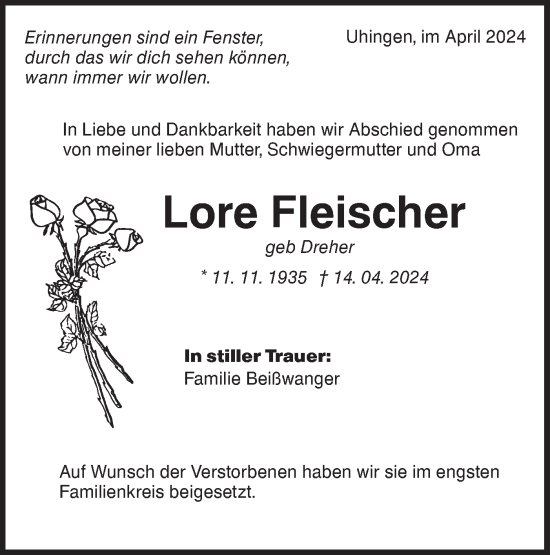 Traueranzeige von Lore Fleischer von NWZ Neue Württembergische Zeitung