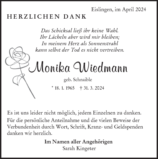 Traueranzeige von Monika Wiedmarm von NWZ Neue Württembergische Zeitung
