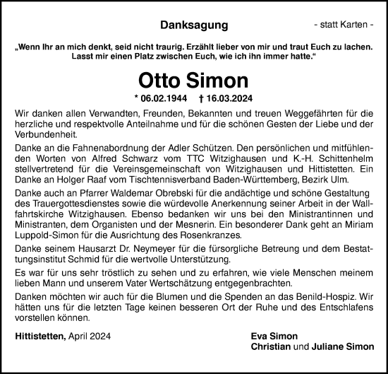 Traueranzeige von Otto Simon von Neu-Ulmer Zeitung/SÜDWEST PRESSE Ausgabe Ulm/Neu-Ulm