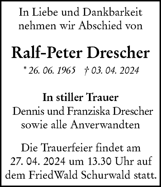Traueranzeige von Ralf-Peter Drescher von NWZ Neue Württembergische Zeitung
